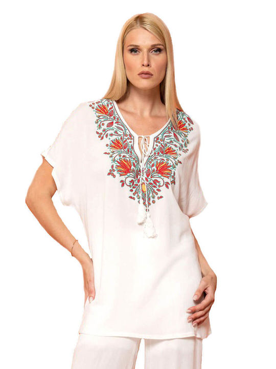 Queen Fashion Women's Summer Blouse Short Sleeve White