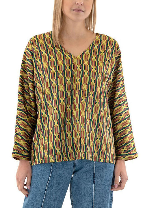 MY T Women's Blouse Satin Long Sleeve with V Neckline Yellow