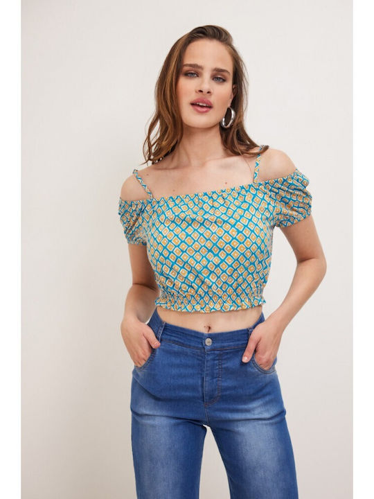 Enzzo Damen Sommer Crop Top Schulterfrei Kurzarm Mehrfarbig