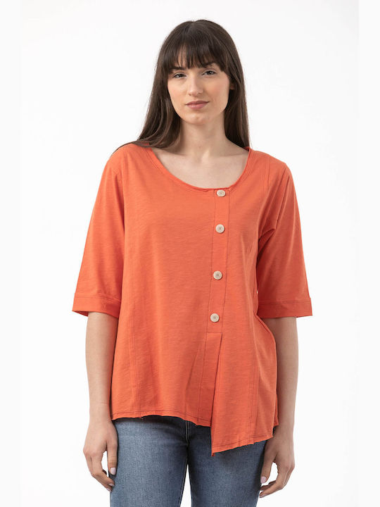 Simple Fashion Women's Blouse Cotton with 3/4 Sleeve Orange