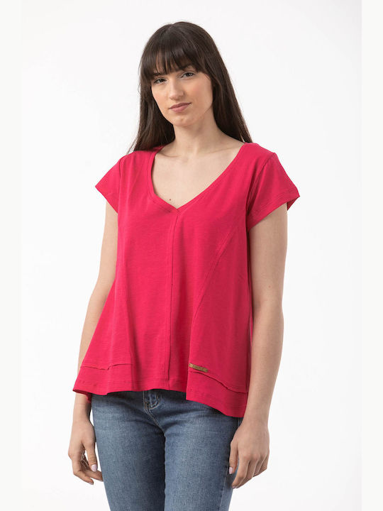 Simple Fashion Women's Summer Blouse Cotton Short Sleeve with V Neck Fuchsia