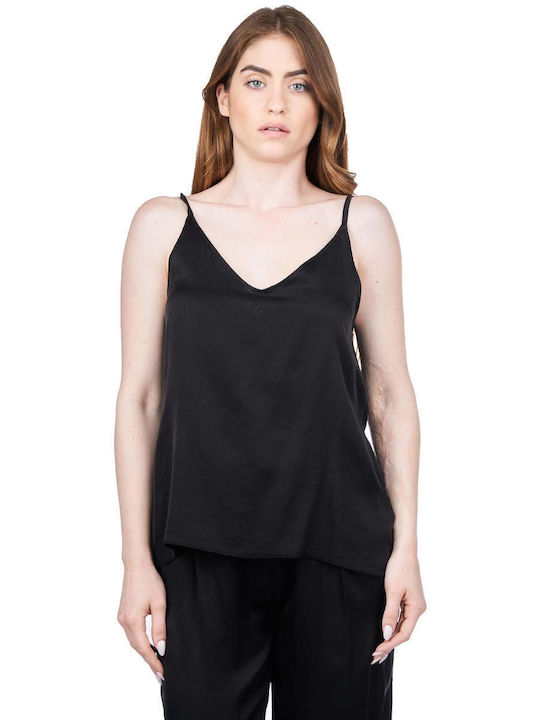 Crossley Women's Summer Blouse Satin with Straps & V Neck Black