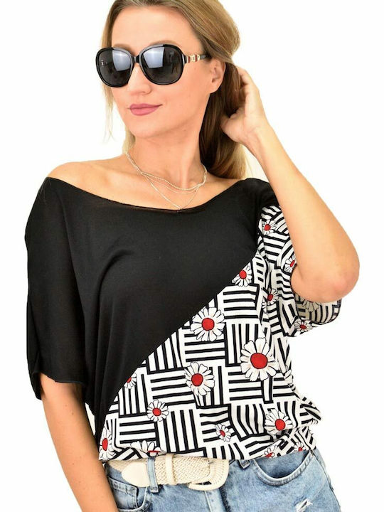 First Woman Women's Summer Blouse Off-Shoulder with 3/4 Sleeve Black