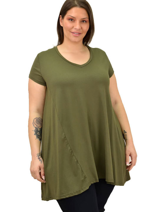 First Woman Women's Summer Blouse Short Sleeve with V Neck Khaki