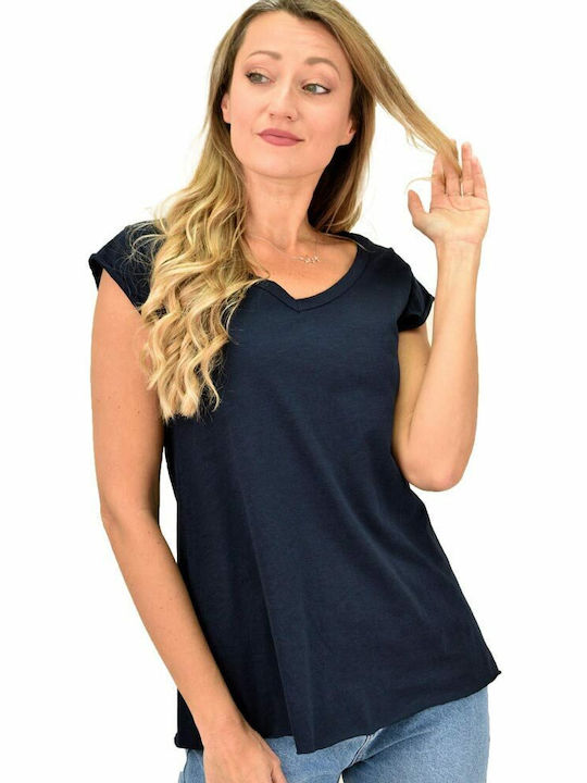 First Woman Women's Summer Blouse Cotton Short Sleeve with V Neckline Navy Blue