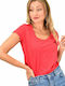 First Woman Women's Summer Blouse Cotton Short Sleeve with V Neckline Red