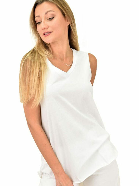 First Woman Damen Sommer Bluse Baumwolle Ärmellos mit V-Ausschnitt Weiß