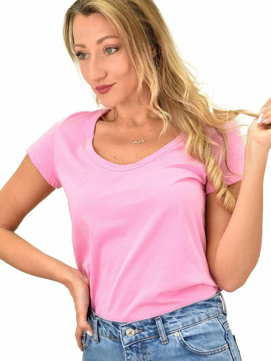 First Woman Damen Sommerliche Bluse Baumwoll Kurzärmelig mit V-Ausschnitt Rosa