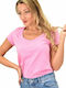 First Woman Women's Summer Blouse Cotton Short Sleeve with V Neck Pink