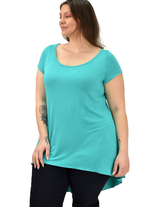 First Woman Women's Summer Blouse Short Sleeve Turquoise