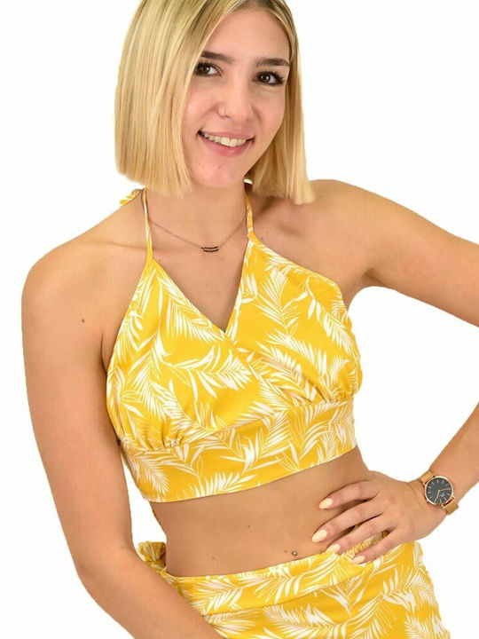 First Woman Γυναικείο Crop Top με Τιράντες Καλοκαιρινό Floral Κίτρινο