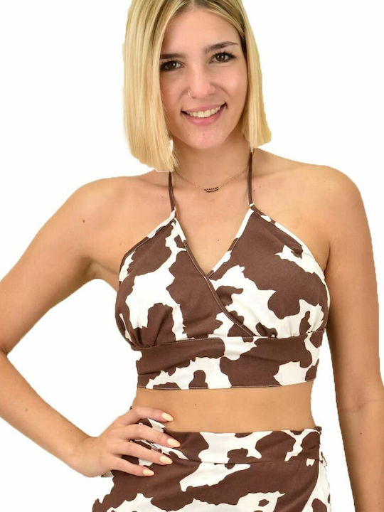 First Woman Women's Summer Crop Top with Straps Animal Print Brown