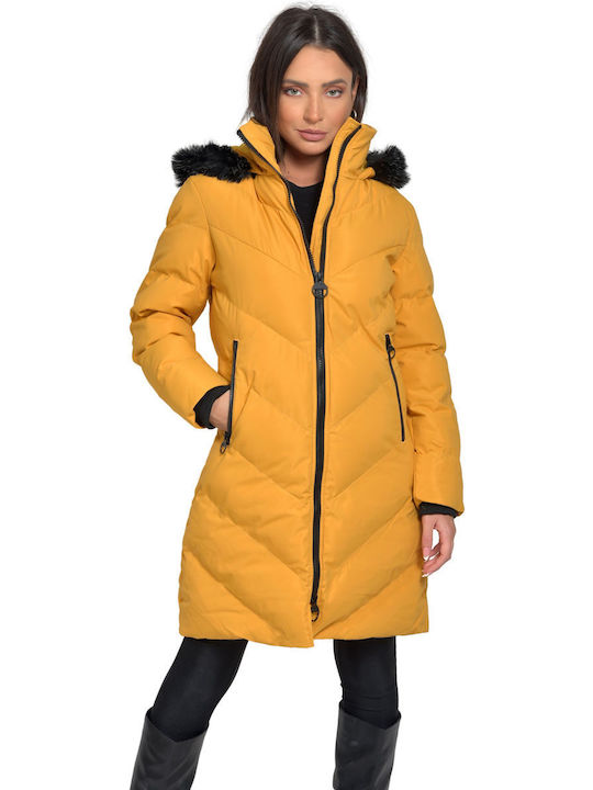 Vainas V102 Women's Long Puffer Jacket for Winter with Hood Yellow