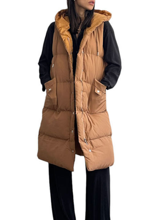 Chica Women's Long Puffer Jacket for Winter with Hood Brown