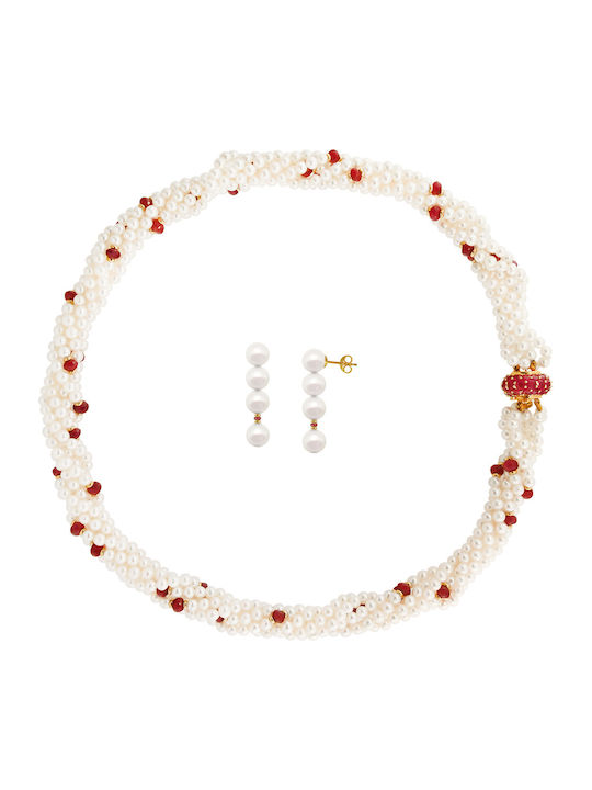 Margaritari Set with Necklace & Earrings from Gold 18K with Stones and Pearls