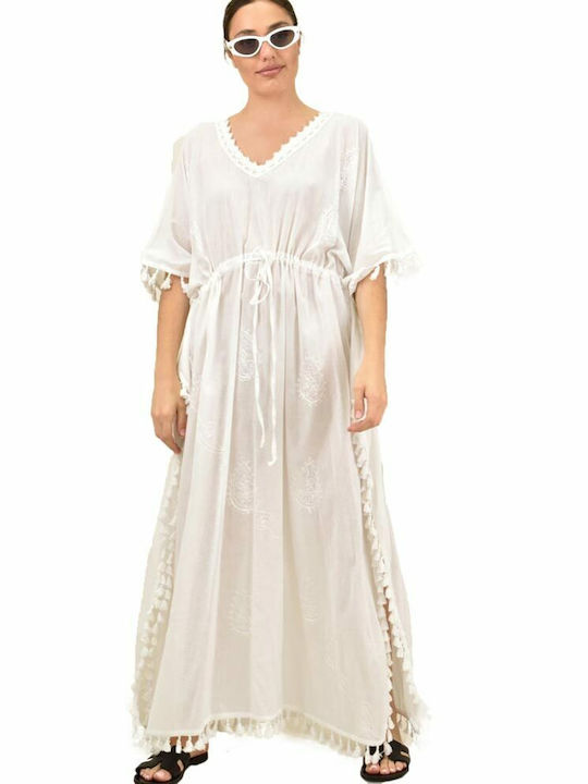 Potre Damen Maxi Kaftan Strand Weiß