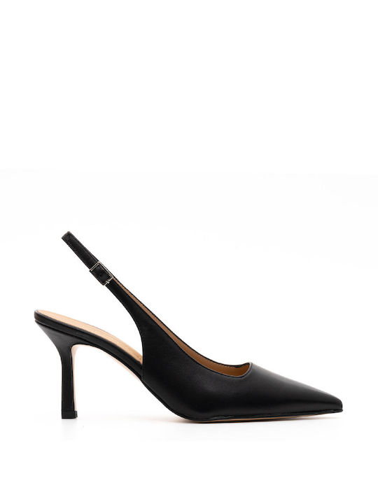 Philippe Lang Leather Pointed Toe Black Heels with Strap