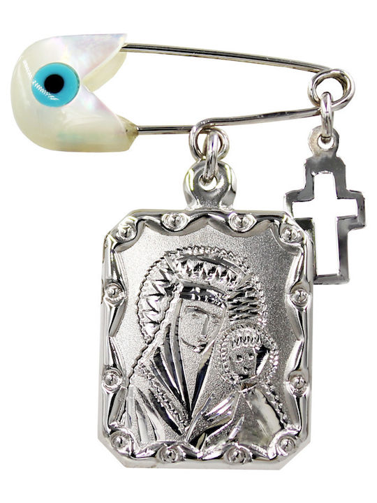 Roloi Kaliamanis Child Safety Pin made of White Gold 14K with Icon of the Virgin Mary