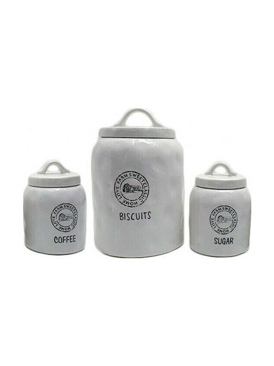 Karvounis Set of 3pcs Jars for Sugar / Coffee with Lid Ceramic White