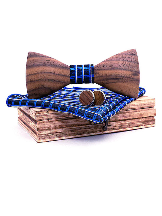 Legend Accessories Set Papion din lemn cu butoni si batista Albastru marin
