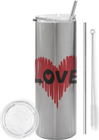 Koupakoupa I Love You Glass Thermos Stainless Steel BPA Free 600ml Red with Straw
