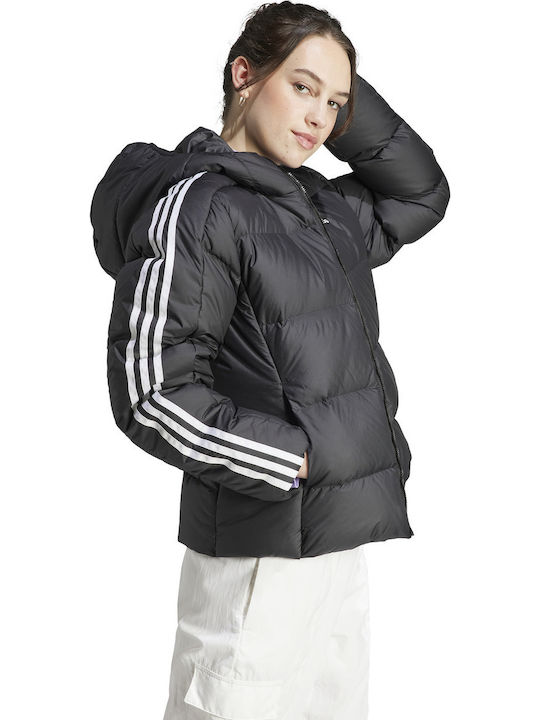 Essentials 3-Stripes Mid Down Women's Short Puffer Jacket for Winter with Hood Black
