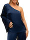 Rut & Circle Damen Bluse Satin mit einem Schulter Marineblau