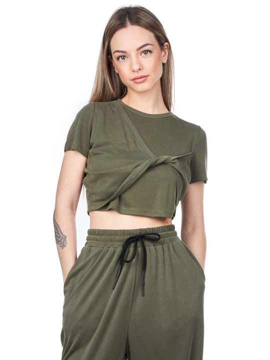 Zoya Damen Sommerliches Crop Top Kurzärmelig Khaki