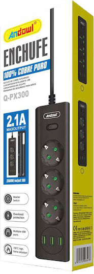 Andowl Power Strip 3 Positions with 2 USB-A, Switch and Cable 2m