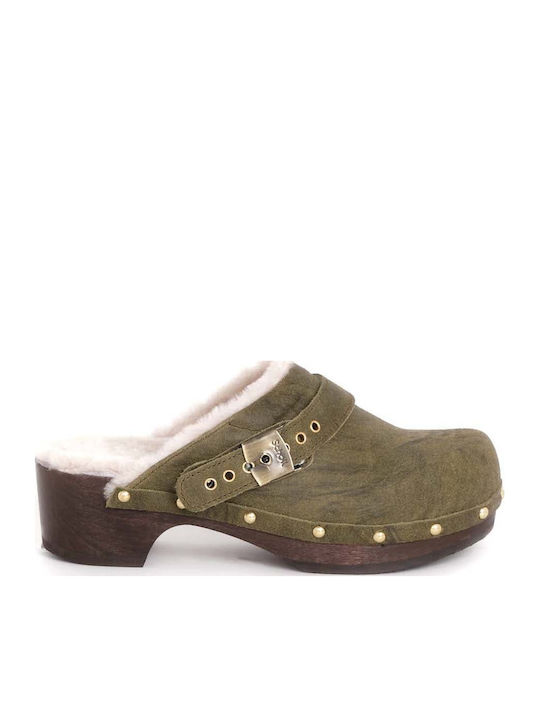 Pescura Mules with High Heel in Green Color