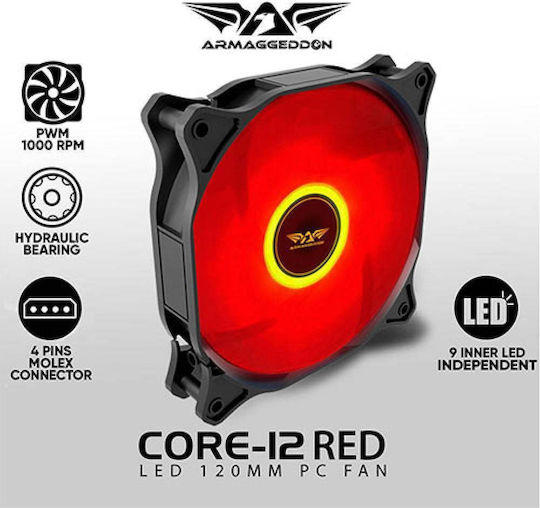 Armaggeddon CORE12-R Корпусен вентилатор 120мм с Червено осветление и връзка 4-пинов молекс 1бр Черен