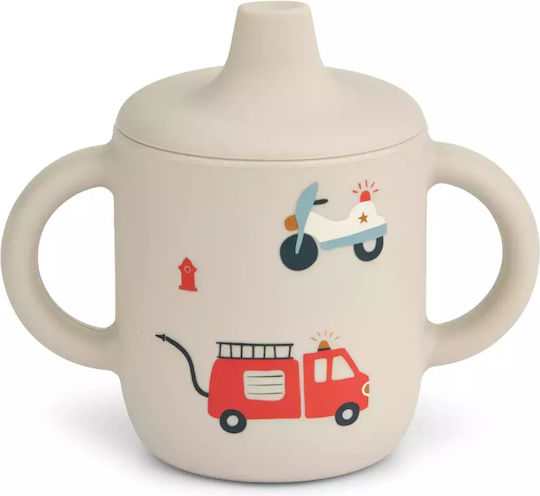 Liewood Baby Cup with Handles and Straw Emergency Vehicle Silicone Beige 150ml for 6m+