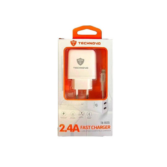 Technovo Φορτιστής με 2 Θύρες USB-A και Καλώδιο Lightning Λευκός (TN-F025)