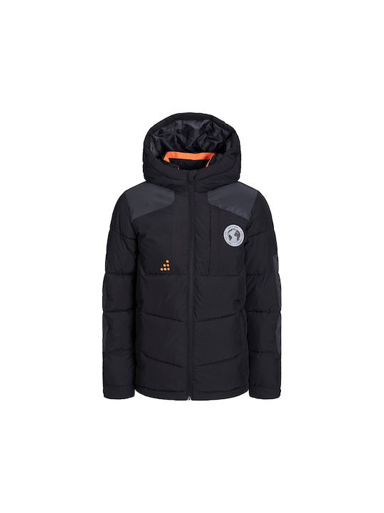 Jack & Jones Windproof Boys Quilted Coat Black with Ηood