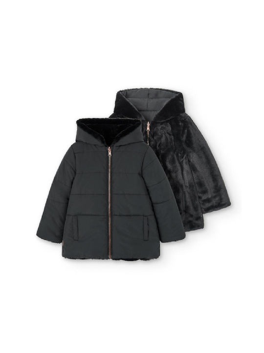 Boboli Girls Quilted Coat Black Double Sided with Lining & Ηood