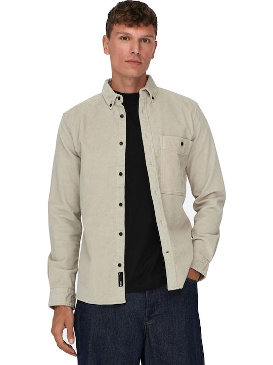 Long Sleeve Corduroy Overshirt in Regular Fit Beige