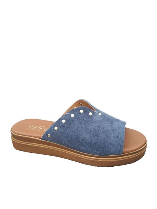 Leather Women's Flat Sandals Flatforms in Blue Color