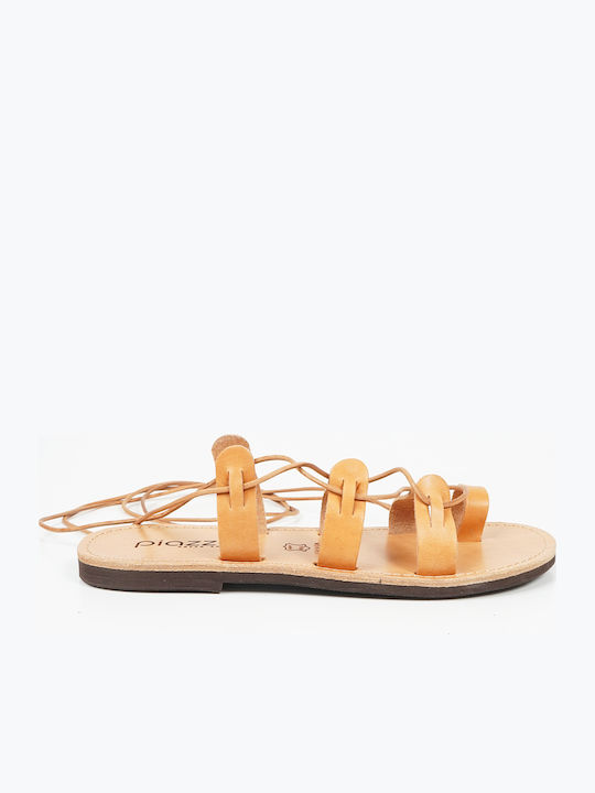 Leather Women's Flat Sandals in Beige Color
