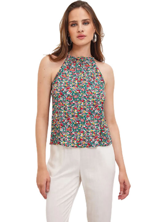 Enzzo Anna Women's Summer Blouse Sleeveless with Tie Neck Floral Green