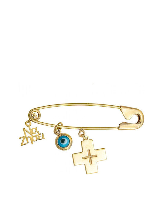 Kritsimis Children's Safety Pin Charm Wishes in 9K Gold with Cross