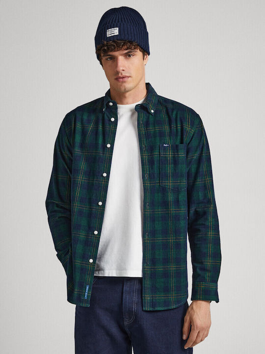 Pepe Jeans Men's Checked Shirt with Long Sleeves Regular Fit Green