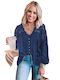 Amely Women's Blouse Long Sleeve with V Neckline Navy Blue