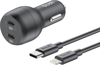 Budi Φορτιστής Αυτοκινήτου Μαύρος με Θύρες: 2xUSB 2xType-C 2xΑναπτήρα μαζί με Καλώδιο Lightning / Type-C