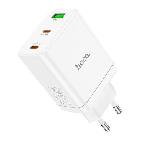 Hoco Φορτιστής Χωρίς Καλώδιο με Θύρα USB-A και 2 Θύρες USB-C 35W Power Delivery / Quick Charge 3.0 Λευκός (N33 Start)