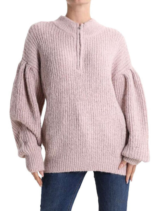 Remix Women's Long Sleeve Sweater with Zipper Pink