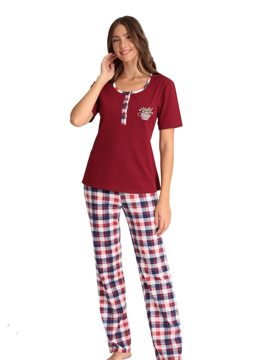 Lydia Creations Sommer Damen Pyjama-Set Baumwolle Burgundisch