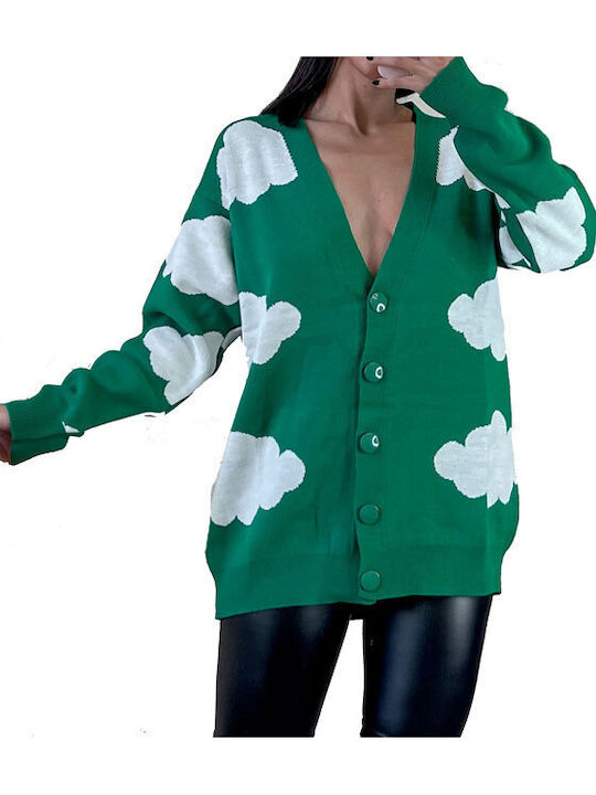 Chica Long Women's Knitted Cardigan with Buttons Green
