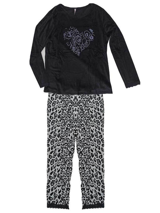 Fuanna Winter Damen Pyjama-Set Samt Schwarz