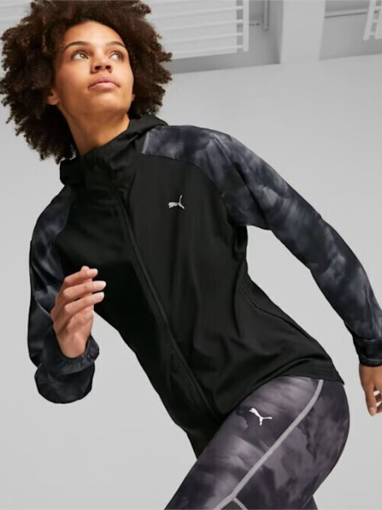 Puma Favorite AOP Woven Women's Running Short Puffer Jacket for Spring or Autumn with Hood Black