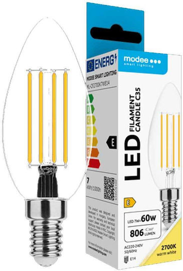 Modee Lighting Λάμπα LED 7W 98mm για Ντουί E14 και Σχήμα C35 Θερμό Λευκό 806lm